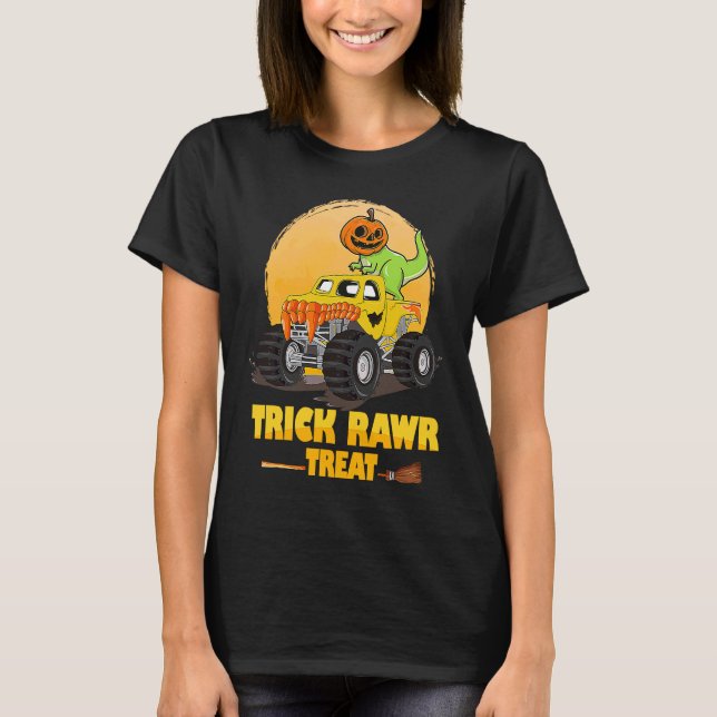 Camiseta Crianças Trick Rawr Treat Dinossaur Monster Truck  (Frente)