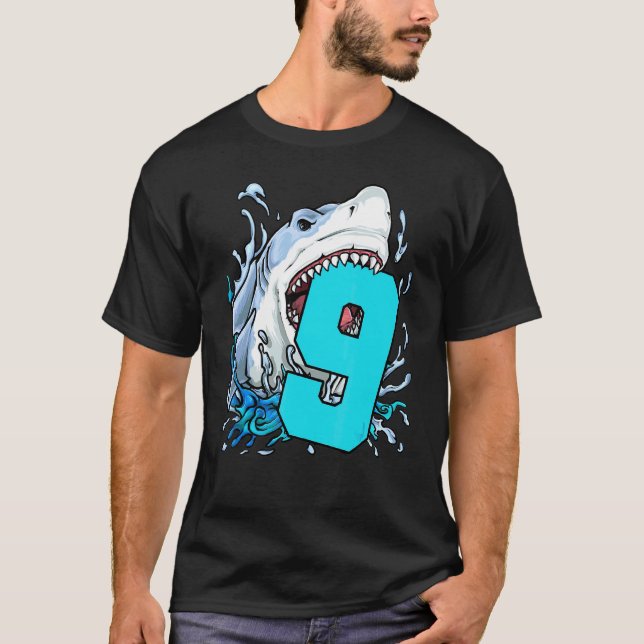 Camiseta Crianças Tubarão 9º Aniversário Garoto Oceano de 9 (Frente)