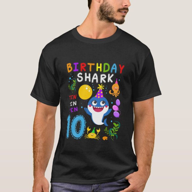 Camiseta Crianças Tubarão-Cute 10º Aniversário Garota 10 An (Frente)