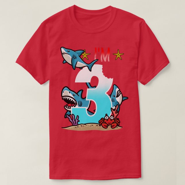 Camiseta Crianças, tubarões-aniversário de 3 anos submarino (Frente do Design)