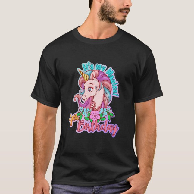 Camiseta Crianças Unicórnio Garota Magia de Cavalo Aniversá (Frente)