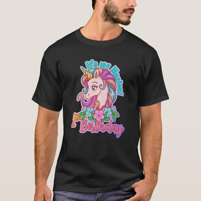 Camiseta Crianças Unicórnio Garota Magia de Cavalo Aniversá (Frente)