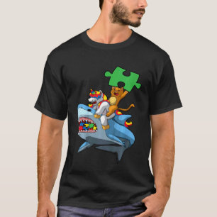 Camiseta Crianças Unicórnio Gato Montando Tubarão Conscient