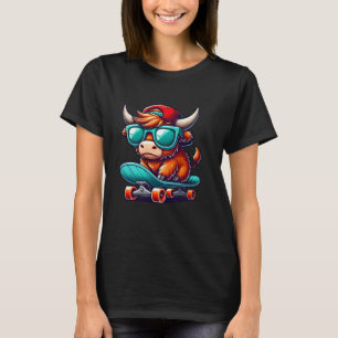 Camiseta Crianças Vaca das Terras Altas em um Skate Skater 