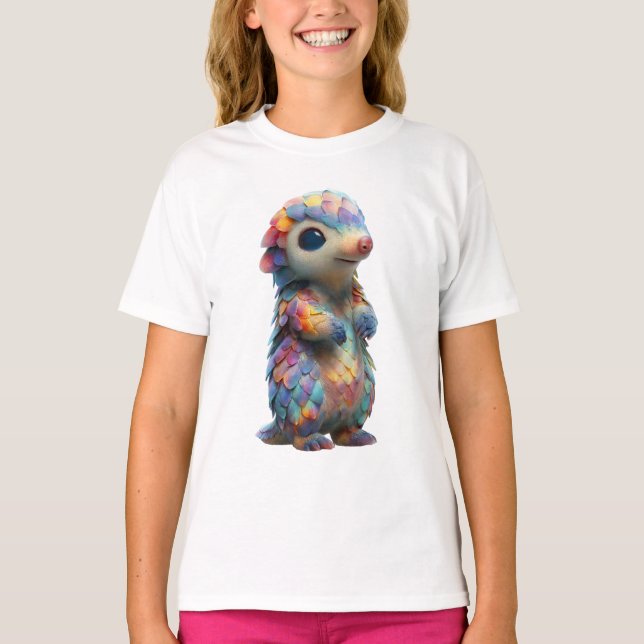 Camiseta Criatura Pangolim Pastel Escamado Arco-íris Crianç (Frente)