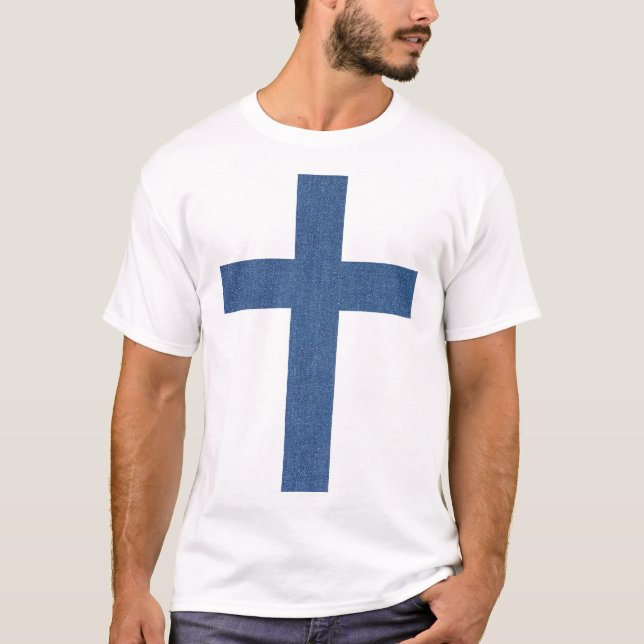 Camiseta Crie a sua própria cruz cristã de denim personaliz (Frente)