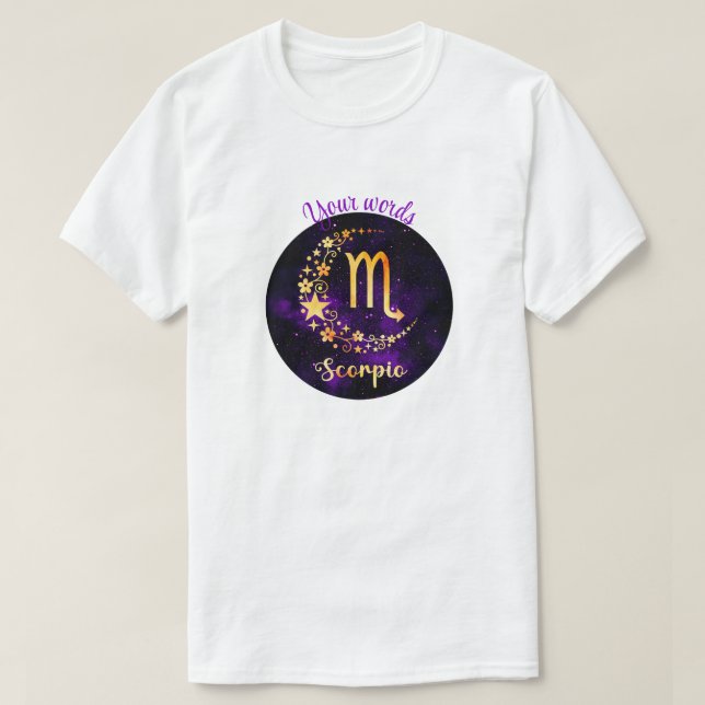 Camiseta Crie Seu Próprio Escorpião Celestial Roxo Zodiac (Frente do Design)