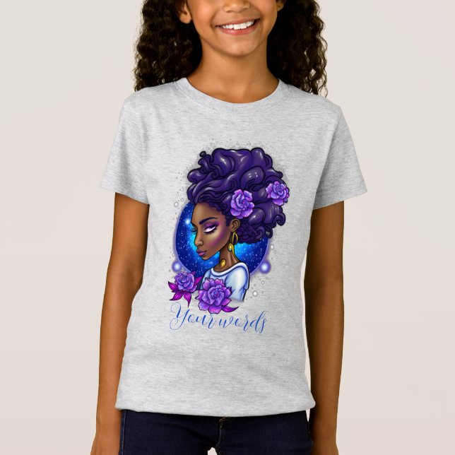 Camiseta Crie sua própria mulher negra e Rosas roxos (Frente)