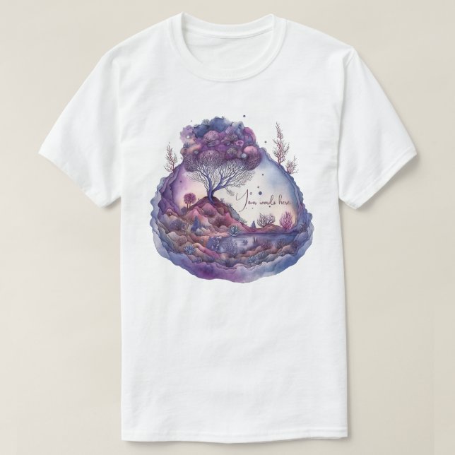 Camiseta Crie Sua Própria Paisagem de Fantasia Roxa (Frente do Design)