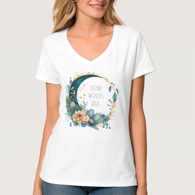 Camiseta Crie Sua Própria Pêssego E Sua Lua Floral Teal (Frente)