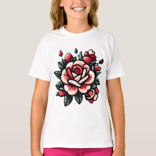 Camiseta Crimson Bloom em Contraste"