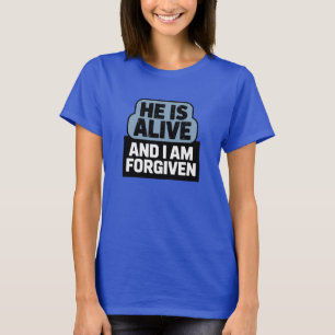 Camiseta cristã feminina. Ele está vivo