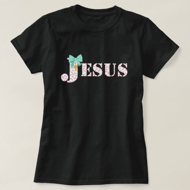 Camiseta Cristã Jesus Bow | Fé Coquette Rosa (Frente do Design)