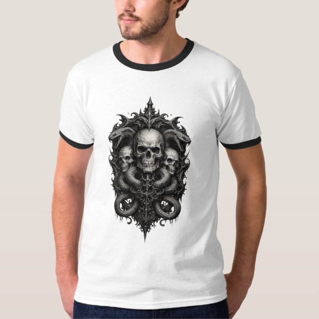 Camiseta Crista Ornata com Três Caveiras Góticas (Frente)