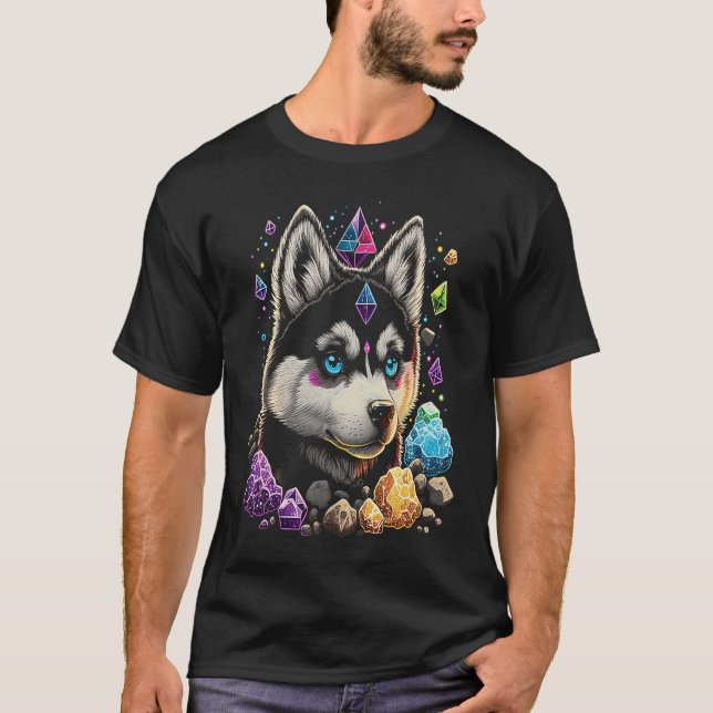 Camiseta Cristais Esotéricos de Cachorro Husky Fofa Ilustra (Frente)