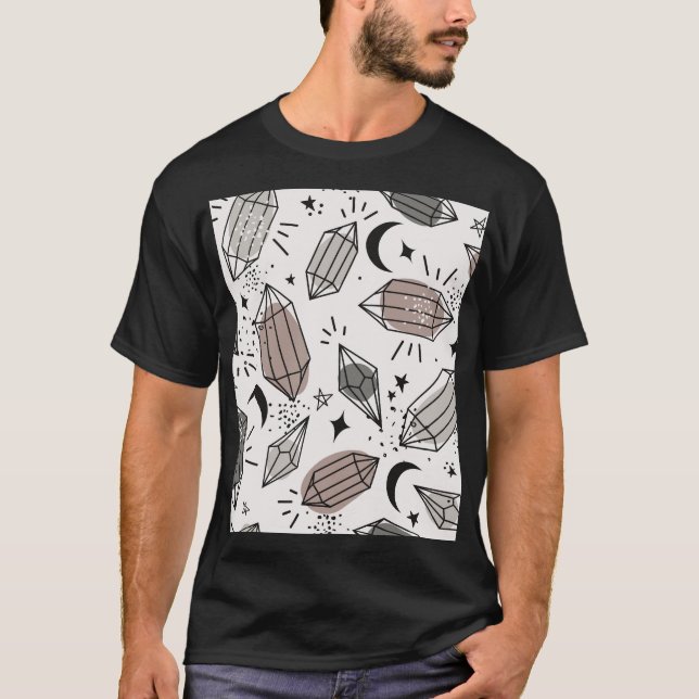 Camiseta Cristais, Lua, Estrelas, Design sobrepostos. (Frente)