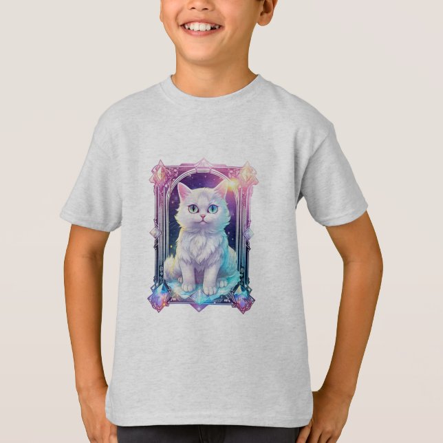 Camiseta Cristal Gatinho Branco de Xadrez Preta e Roxo (Frente)
