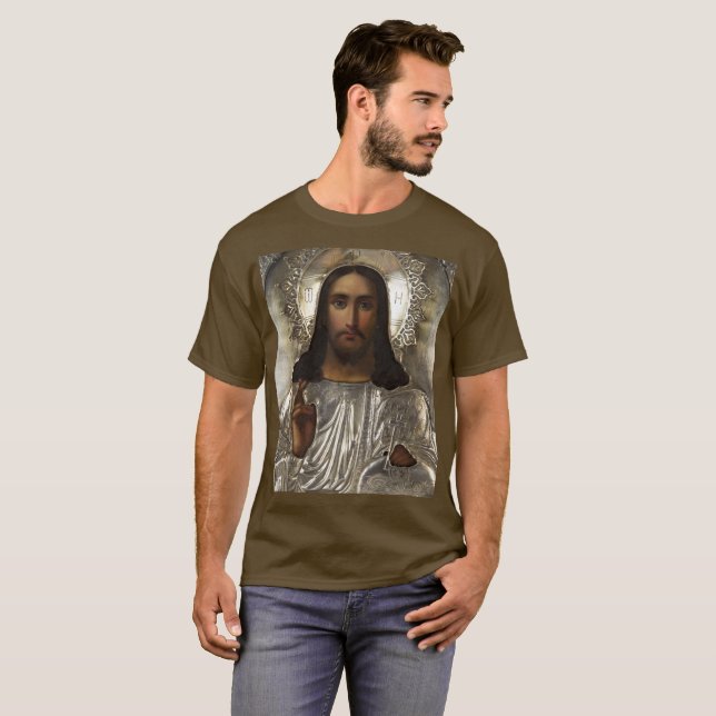 Camiseta Cristo Pantocrator Silver Oklad Riza Ícone Russo (Frente Completa)
