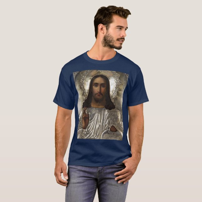 Camiseta Cristo Pantocrator Silver Oklad Riza Ícone Russo (Frente Completa)