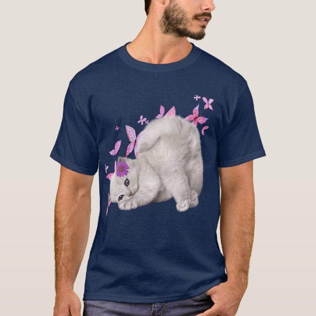 Camiseta Cristóvão branco fluffy cercado por flores rosa e (Frente)