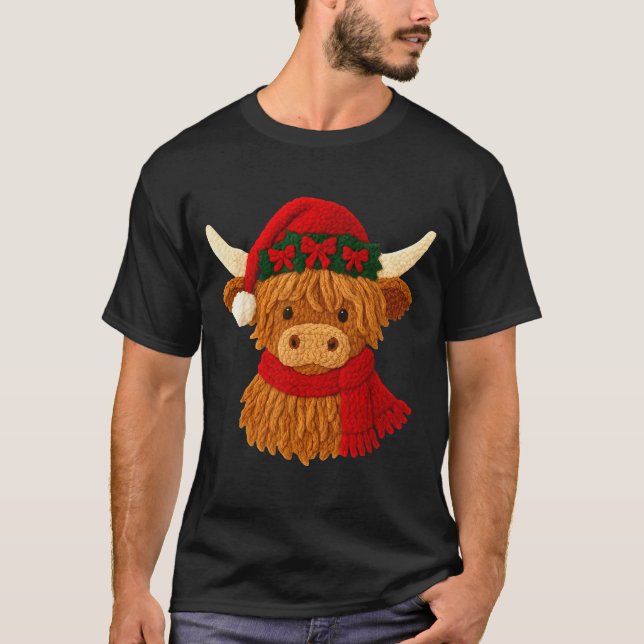 Camiseta Crochet Highland Cow Christmas Winter Girly Kids T (Frente)