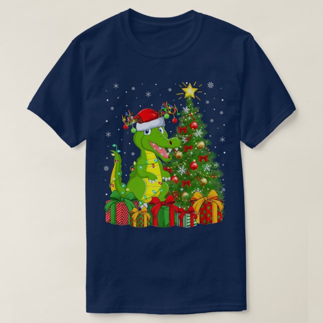 Camiseta Crocodile Lighting Xmas Tree Santa Hat Crocodile C (Frente do Design)