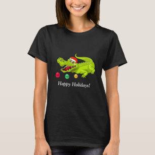 Camiseta Crocodilo de Natal Fofo. Bolas Verdes, Douradas e