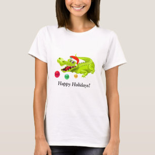 Camiseta Crocodilo de Natal Fofo. Bolas Verdes, Douradas e