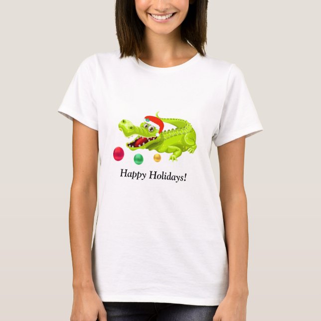 Camiseta Crocodilo de Natal Fofo. Bolas Verdes, Douradas e  (Frente)