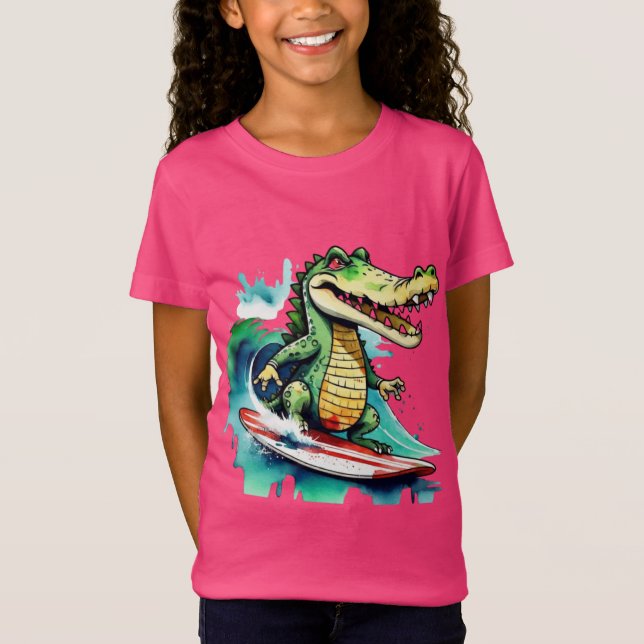 Camiseta Crocodilo engraçado surfando T-Shirt (Frente)