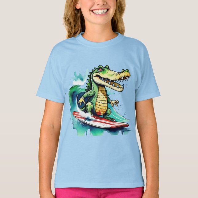 Camiseta Crocodilo engraçado surfando T-Shirt (Frente)