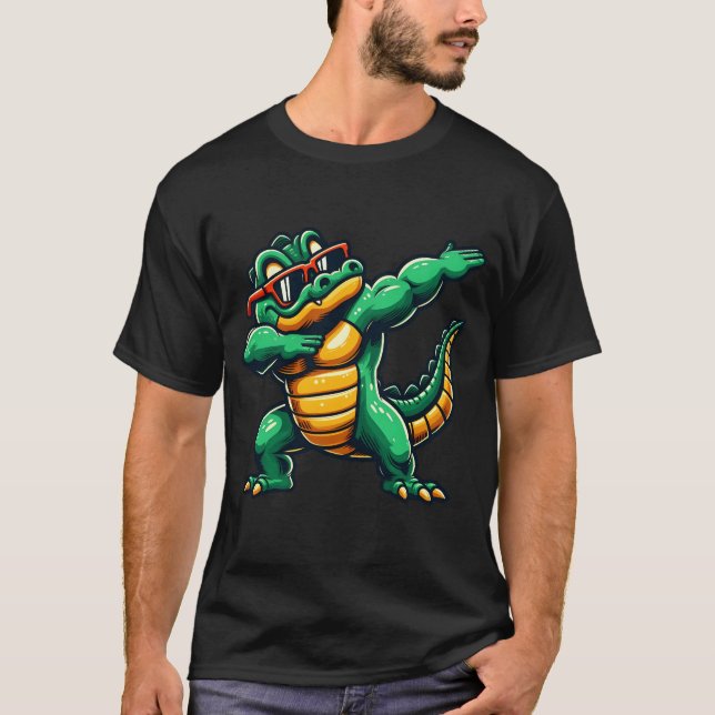 Camiseta Crocodilo Fazendo Dab Com Óculos de Sol Jacaré Ani (Frente)