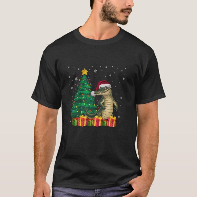Camiseta Crocodilo Feio Santa Hat Noite Luzes De Árvore De  (Frente)