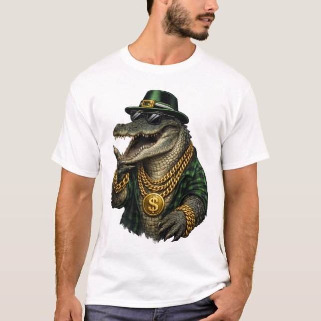 Camiseta Crocodilo Gângster com Correntes de Ouro (Frente)