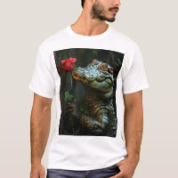 Crocodilo sorridente segurando uma camisa-T de car