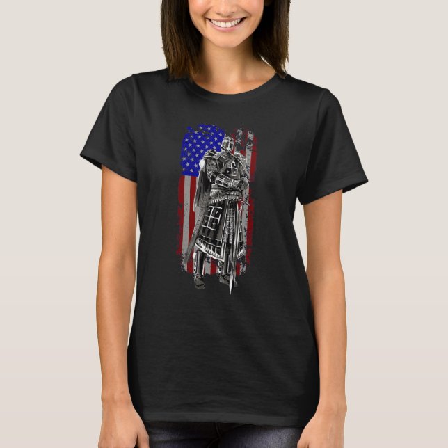 Camiseta Crusader Knight Templar God Warrior America Flag F (Frente)