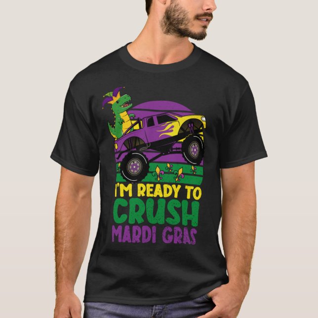 Camiseta Crush Mardi Gras Dino Monster Truck  Toddler Boys  (Frente)