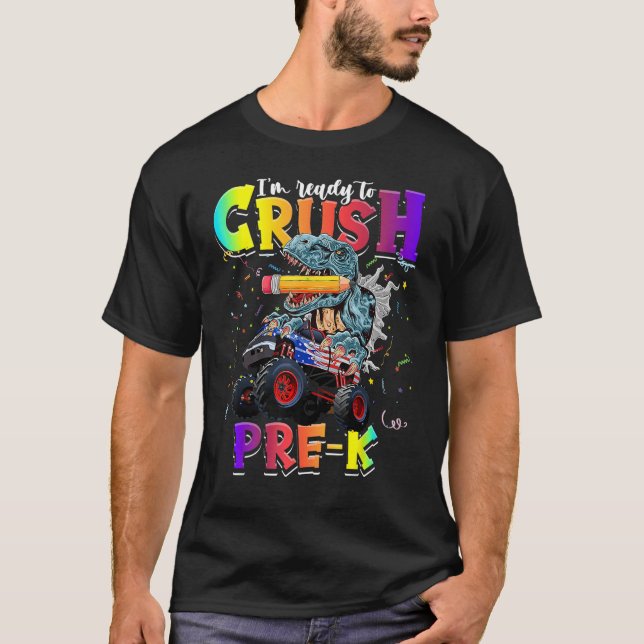 Camiseta Crush Pre K Dinossaur Monster Truck de volta à esc (Frente)