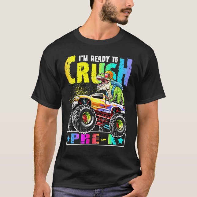 Camiseta Crush Pre K T Rex Dinossaur Monster Truck Back To  (Frente)