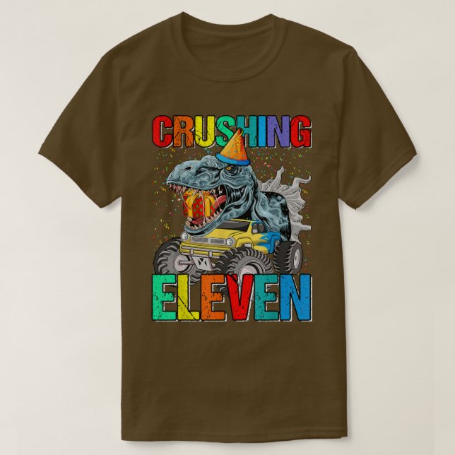 Camiseta Crushing Eleven Birthday Monster Truck Dinosaur  (Frente do Design)