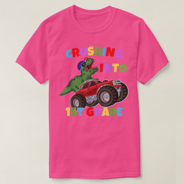 Camiseta Crushing Into 1st Grade Monster Truck Dinosaur T-r (Frente do Design)