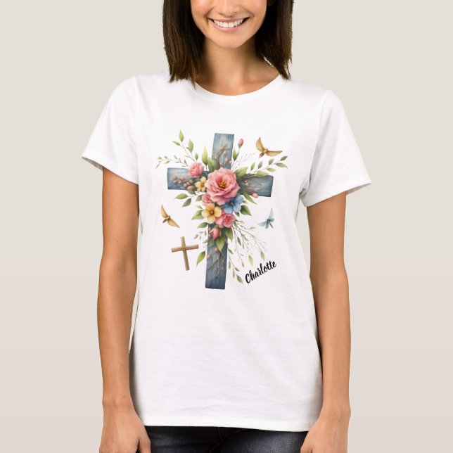 Camiseta Cruz Cristã Cercada Delicada Flor Primavera (Frente)