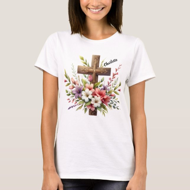 Camiseta Cruz Cristã cercada por Bela Arte Floral (Frente)