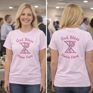 Camiseta Cruz Cristã Chi Ro Rosa Personalizada