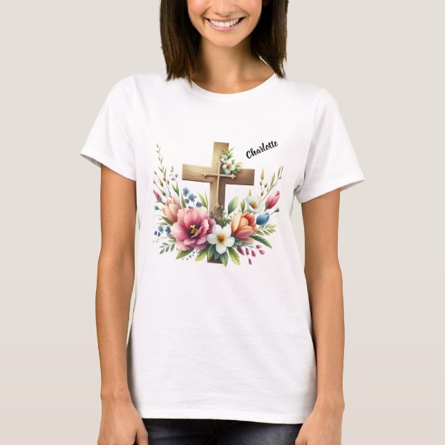 Camiseta Cruz Cristã com Disposição Floral Vibrante (Frente)
