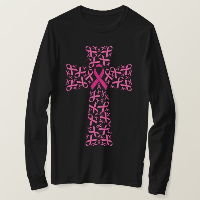 Camiseta Cruz de Fita Rosa de Consciência do Cancer da Mama (Frente do Design)