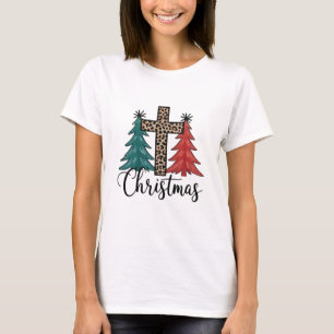 Camiseta Cruz de Leopardo Árvores de Natal Cristãs 