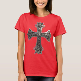 Camiseta Cruz de Prata Céltica Ornamentada com Padrão Intri