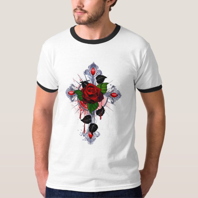 Camiseta Cruz de Prata com Rosa vermelha (Frente)