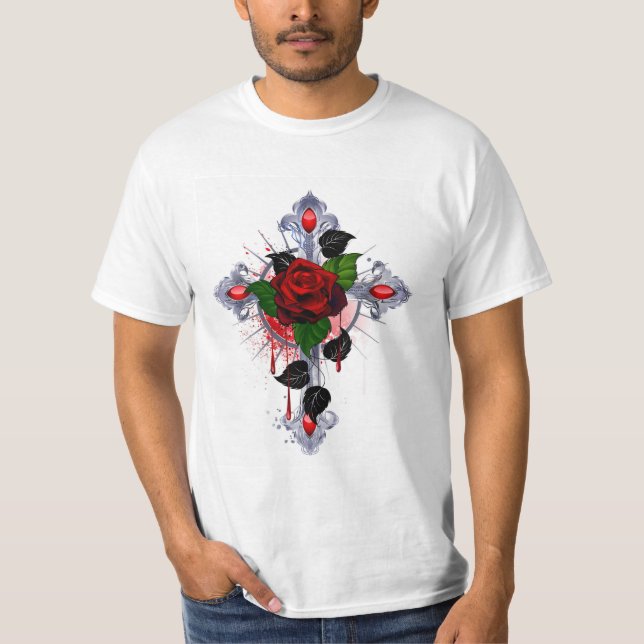 Camiseta Cruz de Prata com Rosa vermelha (Frente)